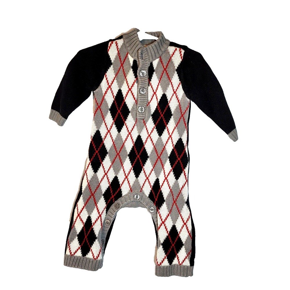 Old Navy 1 Piece Black Argyle Knit Outfit 1/2 Button Front Crotch 6-12 Months